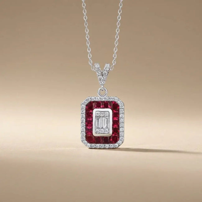 14ct/14K White Gold Ruby & Diamond Pendant – Ruby Halo Baguette Diamond 0.31ct