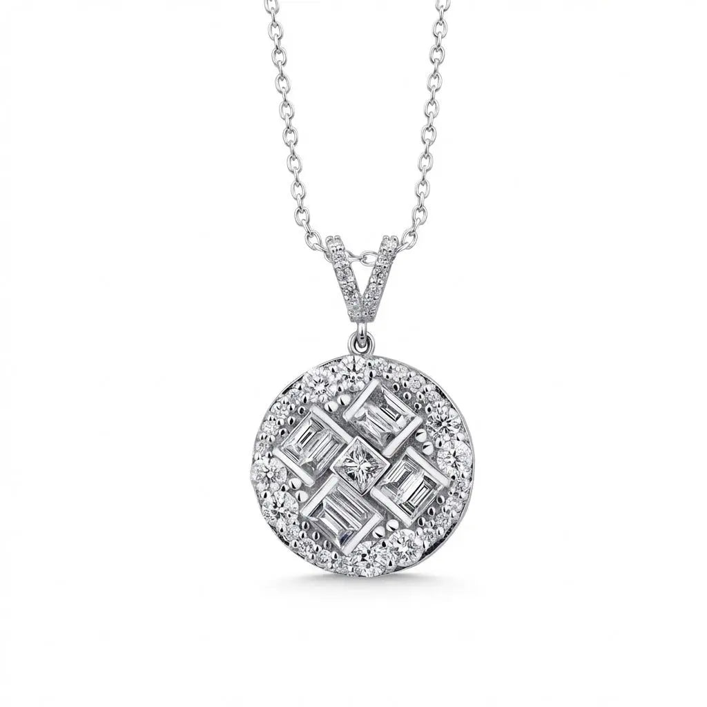 14ct/14K White Gold Natural Diamond Pendant – Round Baguette Cluster Diamond 0.84ct