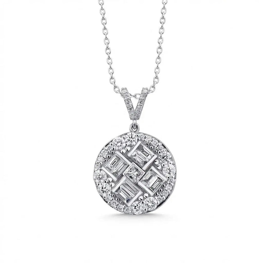 14ct/14K White Gold Natural Diamond Pendant – Round Baguette Cluster Diamond 0.84ct