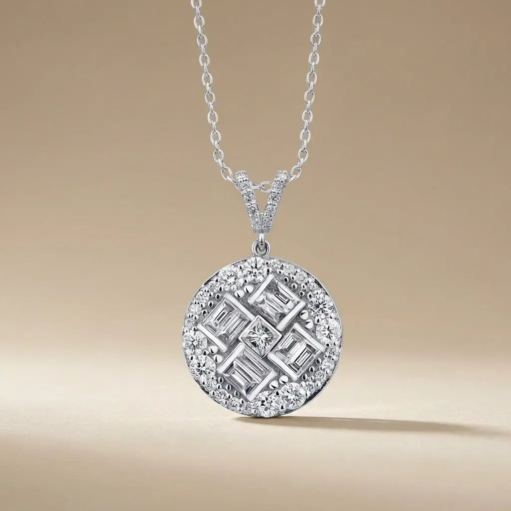 14ct/14K White Gold Natural Diamond Pendant – Round Baguette Cluster Diamond 0.84ct