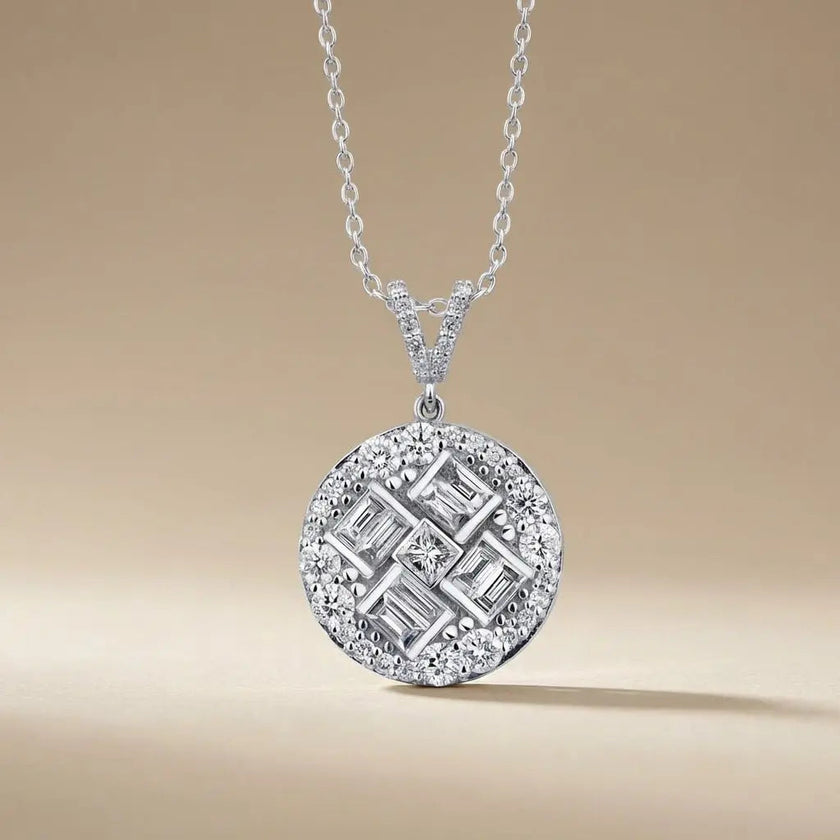 14ct/14K White Gold Natural Diamond Pendant – Round Baguette Cluster Diamond 0.84ct