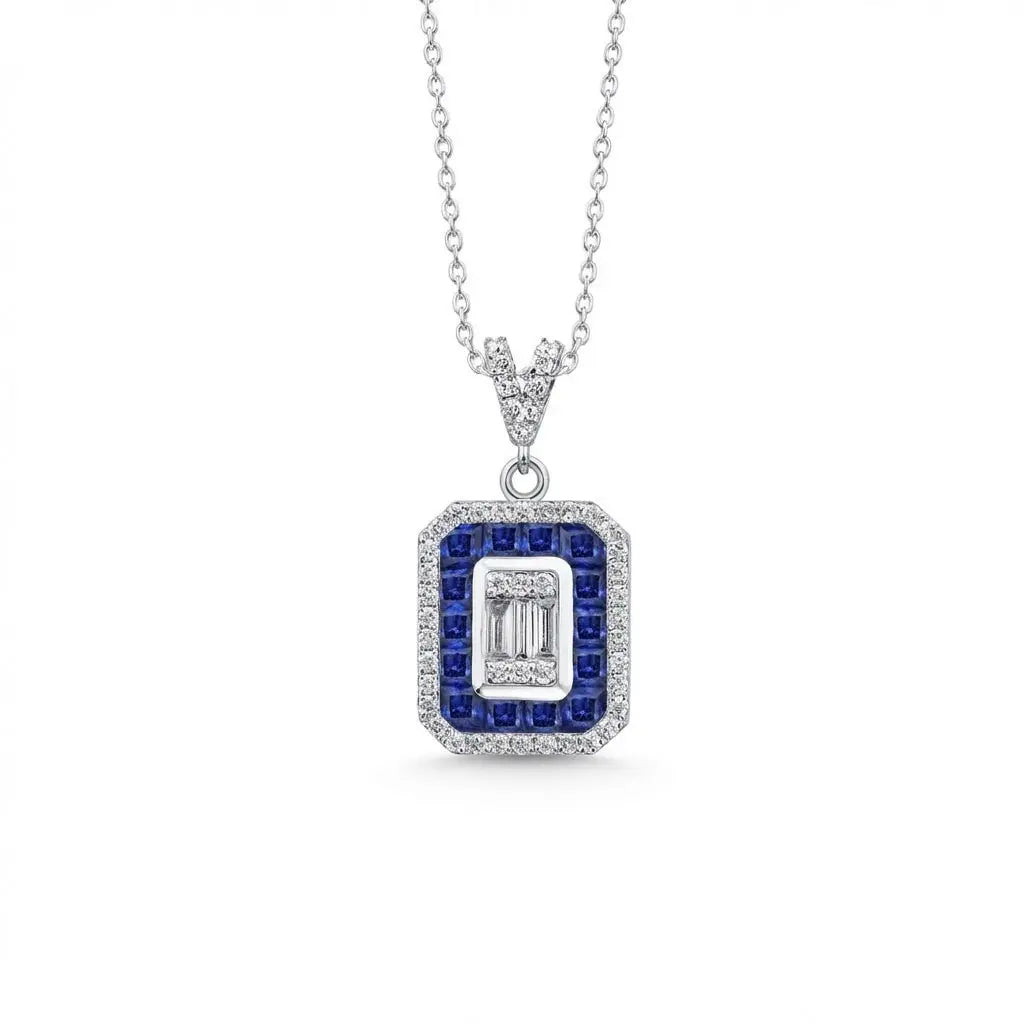 14ct/14K White Gold Sapphire & Diamond Pendant – Sapphire Halo Baguette Diamond 0.35ct