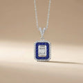 14ct/14K White Gold Sapphire & Diamond Pendant – Sapphire Halo Baguette Diamond 0.35ct
