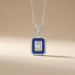 14ct/14K White Gold Sapphire & Diamond Pendant – Sapphire Halo Baguette Diamond 0.35ct