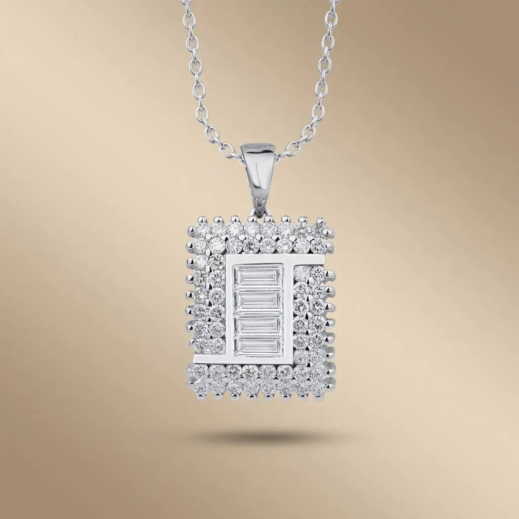 14ct/14K White Gold Natural Diamond Pendant – Baguette Center Square Diamond 1.03ct