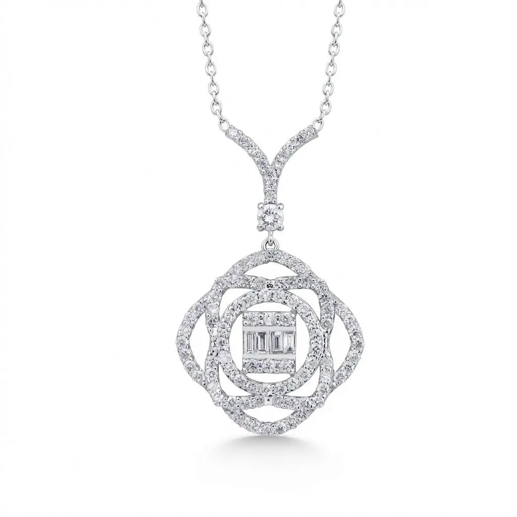 14ct/14K White Gold Natural Diamond Pendant – Floral Halo Baguette Diamond 0.86ct