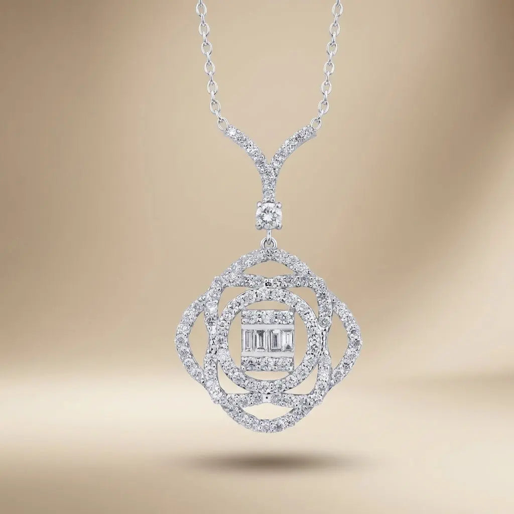 14ct/14K White Gold Natural Diamond Pendant – Floral Halo Baguette Diamond 0.86ct