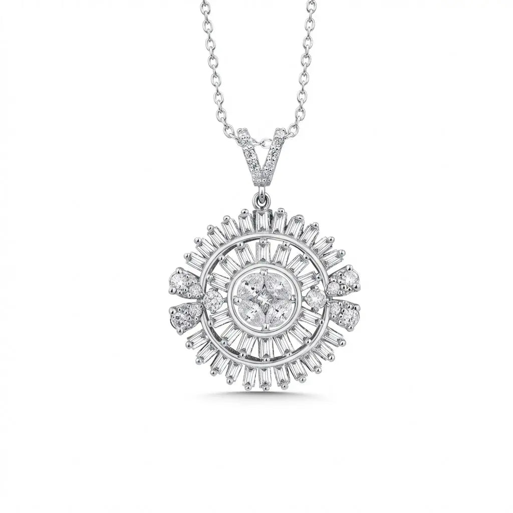 14ct/14K White Gold Natural Diamond Pendant – Sunburst Baguette Diamond 1.28ct