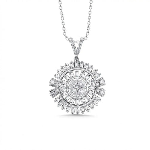 14ct/14K White Gold Natural Diamond Pendant – Sunburst Baguette Diamond 1.28ct