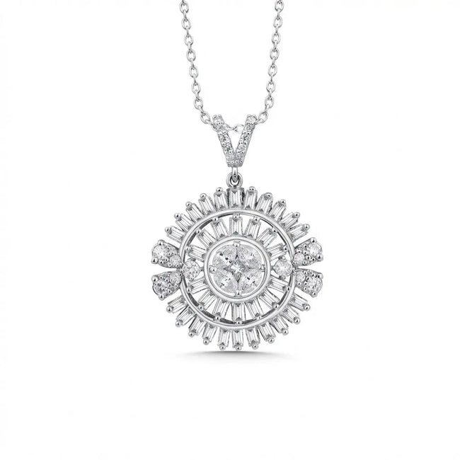 14ct/14K White Gold Natural Diamond Pendant – Sunburst Baguette Diamond 1.28ct
