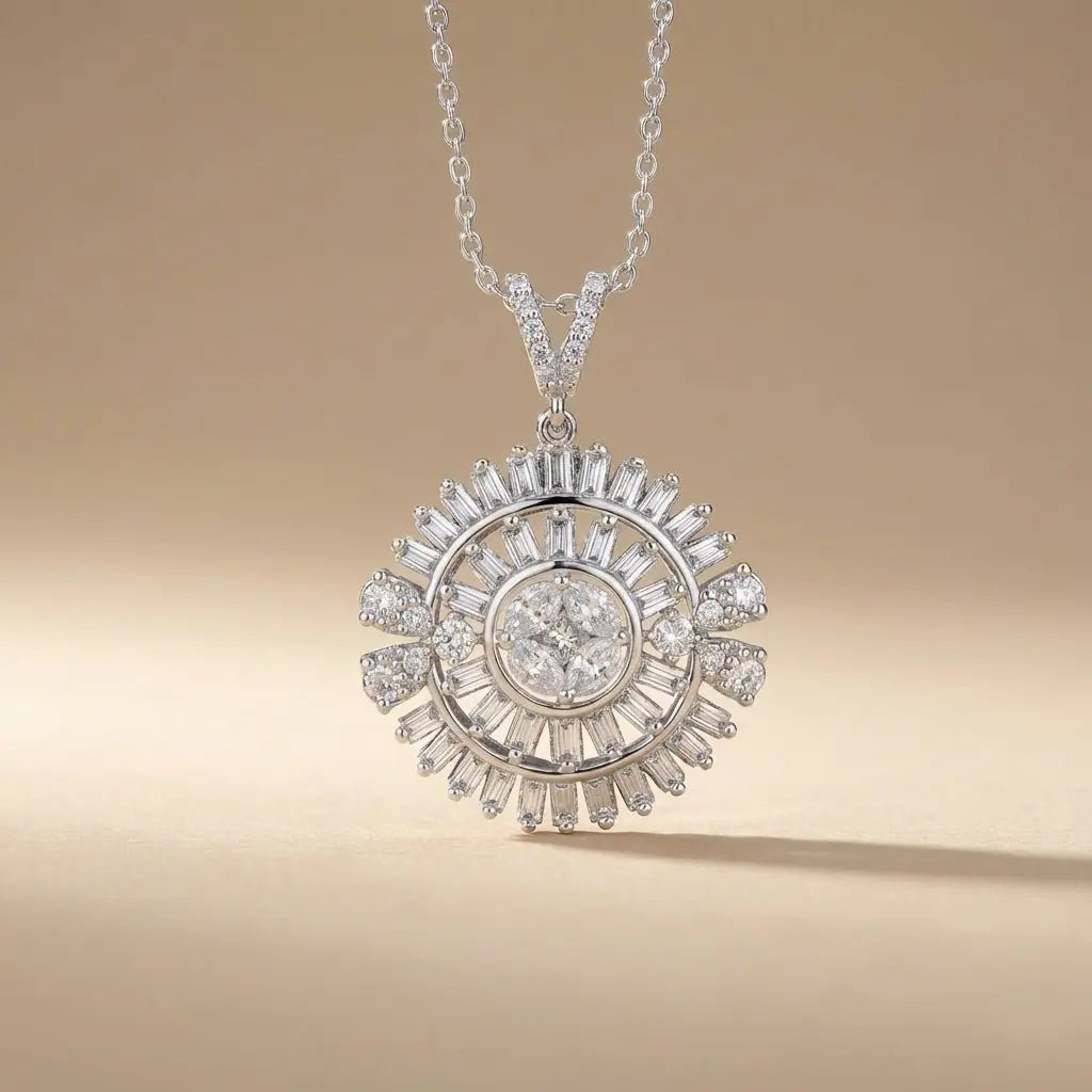 14ct/14K White Gold Natural Diamond Pendant – Sunburst Baguette Diamond 1.28ct