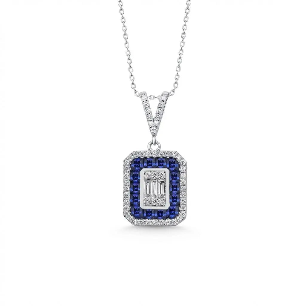 14ct/14K White Gold Sapphire & Diamond Pendant – Sapphire Halo Baguette Diamond 0.62ct