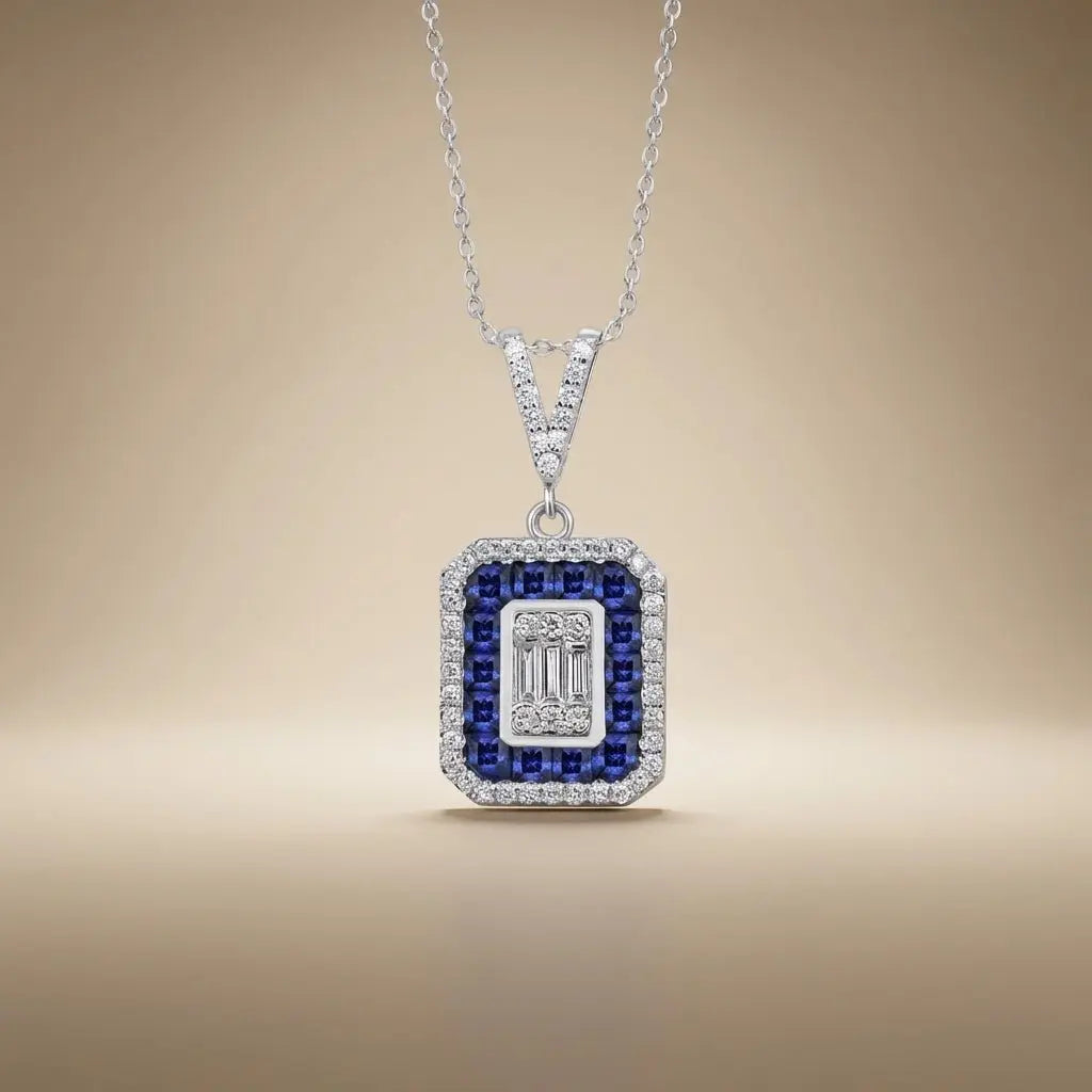14ct/14K White Gold Sapphire & Diamond Pendant – Sapphire Halo Baguette Diamond 0.62ct