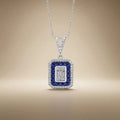 14ct/14K White Gold Sapphire & Diamond Pendant – Sapphire Halo Baguette Diamond 0.62ct