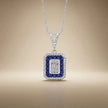 14ct/14K White Gold Sapphire & Diamond Pendant – Sapphire Halo Baguette Diamond 0.62ct