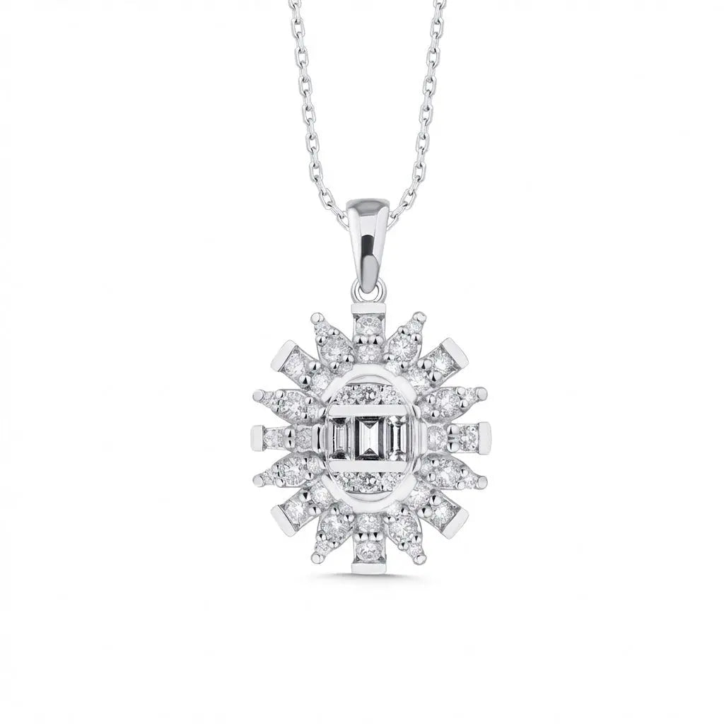 14ct/14K White Gold Natural Diamond Pendant – Sunburst Baguette Round Diamond 0.61ct