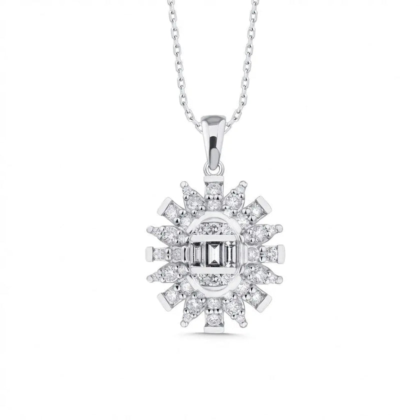 14ct/14K White Gold Natural Diamond Pendant – Sunburst Baguette Round Diamond 0.61ct