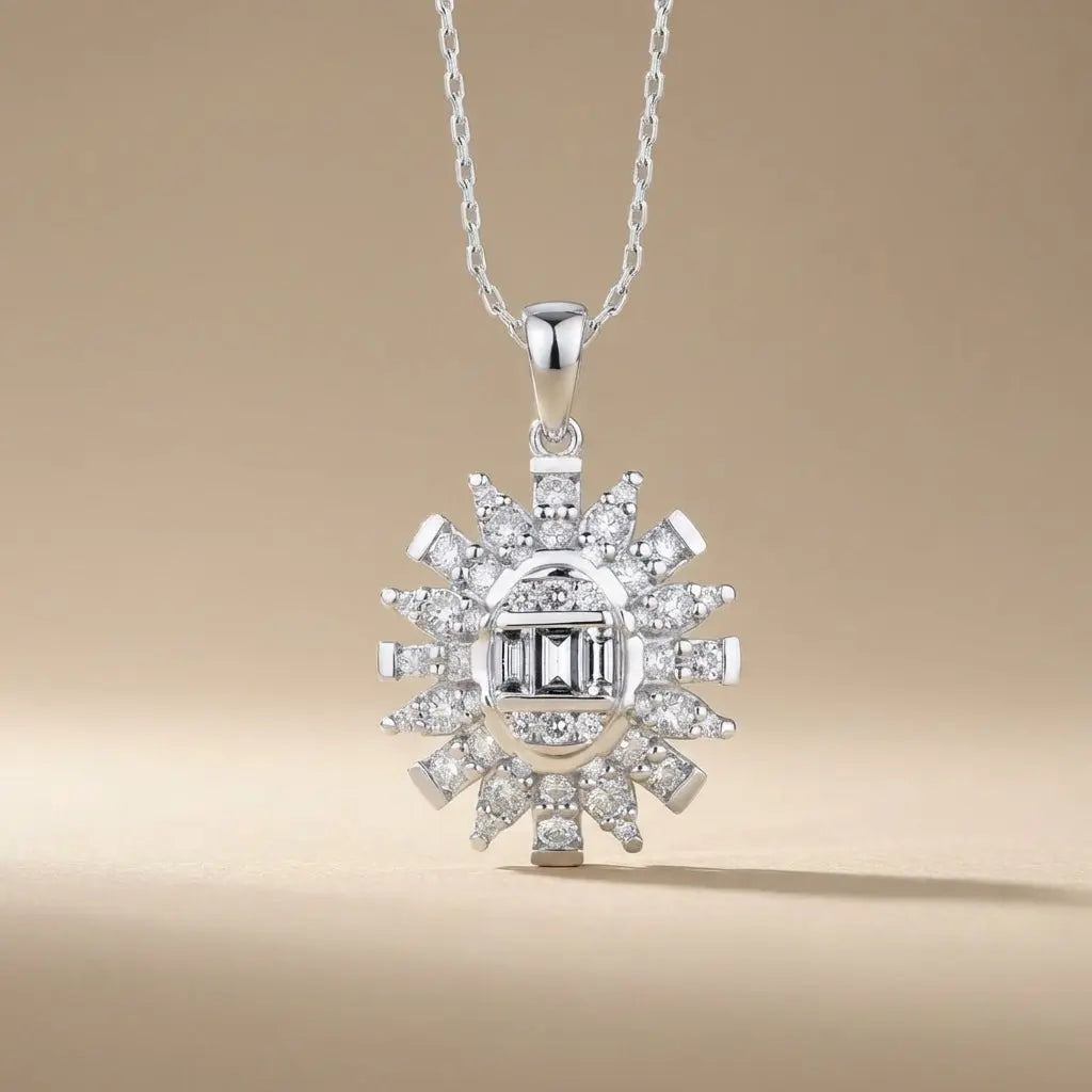 14ct/14K White Gold Natural Diamond Pendant – Sunburst Baguette Round Diamond 0.61ct