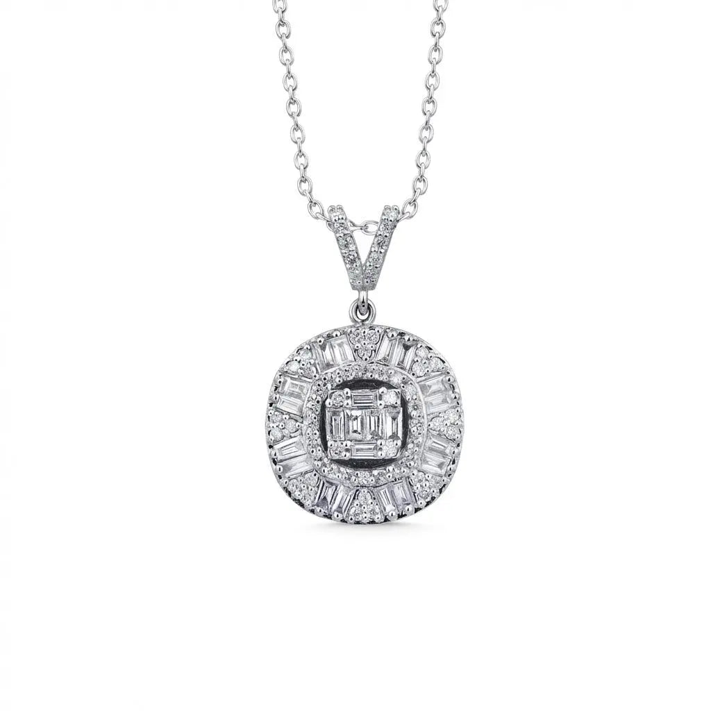 14ct/14K White Gold Natural Diamond Pendant – Baguette Halo Diamond Circle 0.74ct