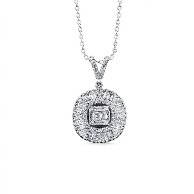 14ct/14K White Gold Natural Diamond Pendant – Baguette Halo Diamond Circle 0.74ct