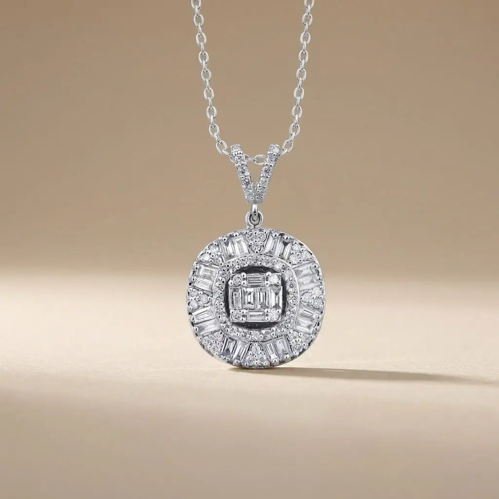 14ct/14K White Gold Natural Diamond Pendant – Baguette Halo Diamond Circle 0.74ct