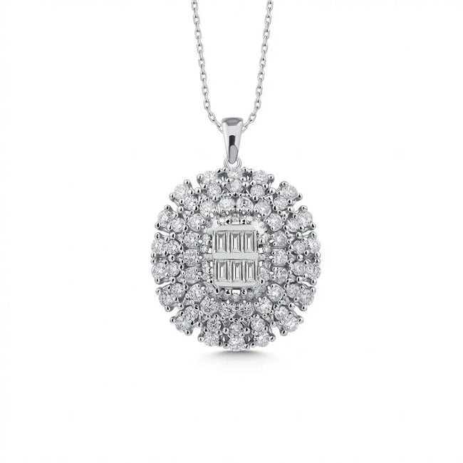14ct/14K White Gold Natural Diamond Pendant – Oval Baguette Cluster 1.39ct