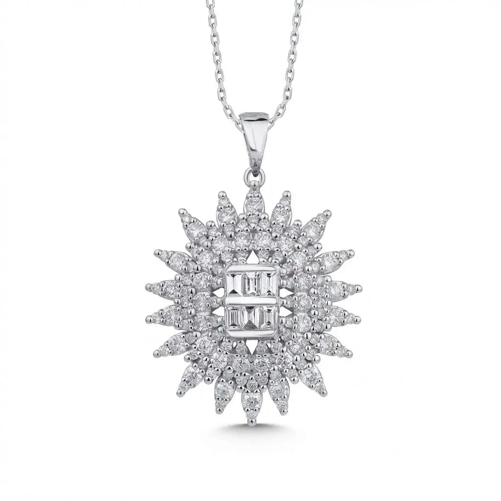 14ct/14K White Gold Natural Diamond Pendant – Radiant Starburst Diamond 1.28ct