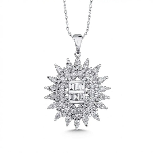 14ct/14K White Gold Natural Diamond Pendant – Radiant Starburst Diamond 1.28ct