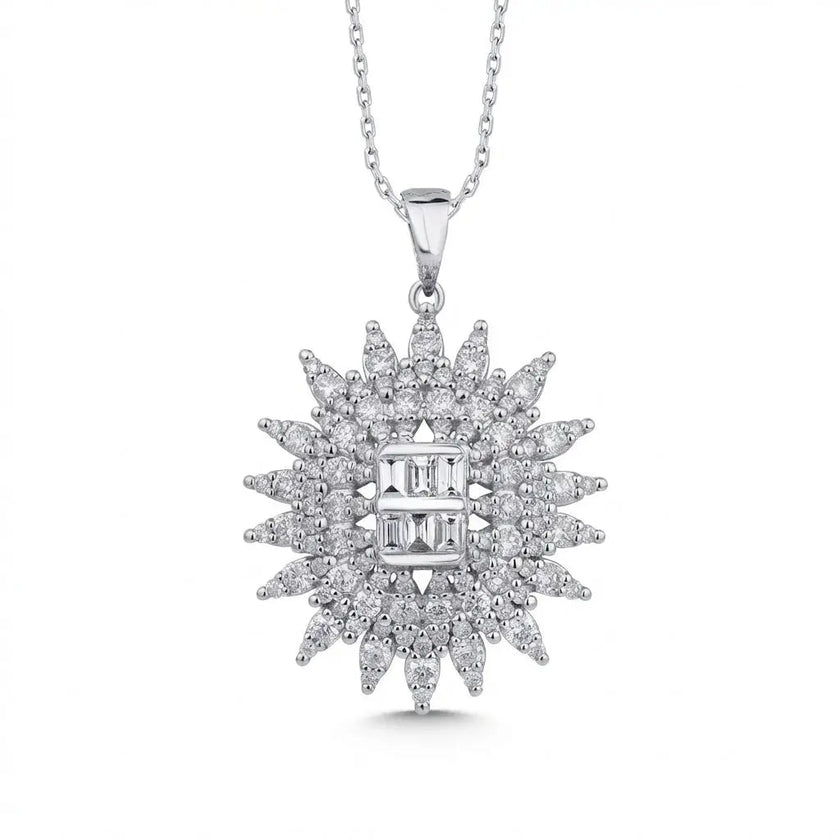 14ct/14K White Gold Natural Diamond Pendant – Radiant Starburst Diamond 1.28ct