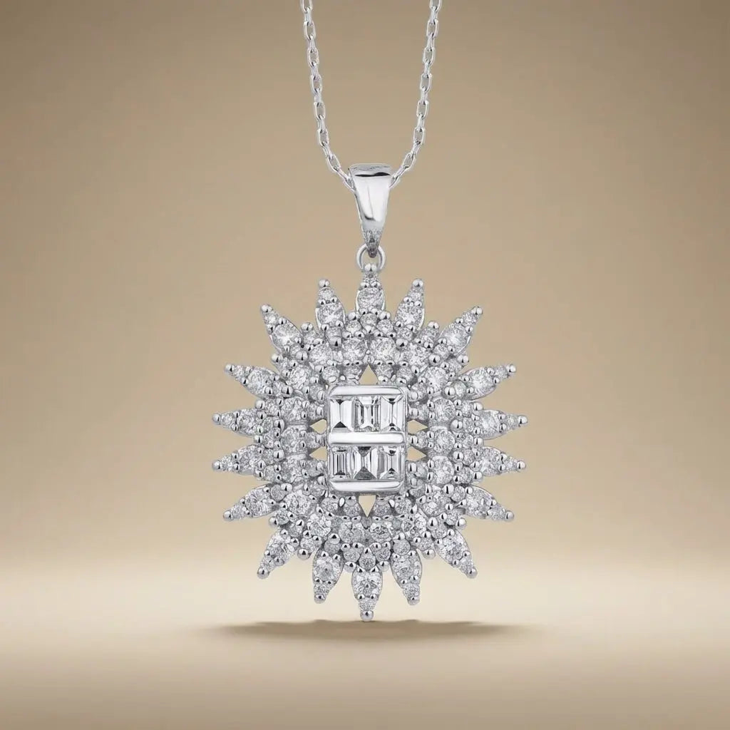 14ct/14K White Gold Natural Diamond Pendant – Radiant Starburst Diamond 1.28ct