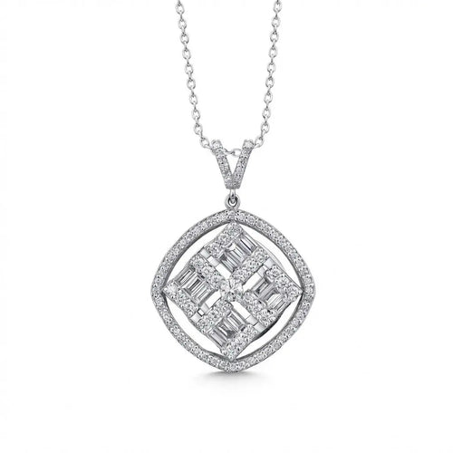 14ct/14K White Gold Natural Diamond Pendant – Geometric Baguette Diamond Halo 1.03ct