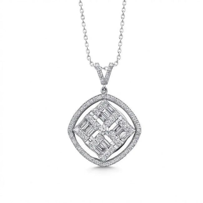 14ct/14K White Gold Natural Diamond Pendant – Geometric Baguette Diamond Halo 1.03ct