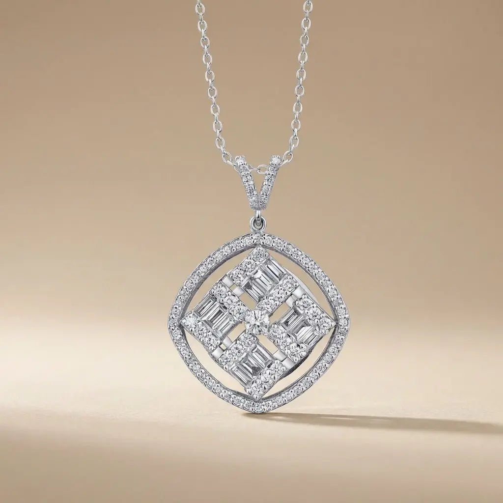 14ct/14K White Gold Natural Diamond Pendant – Geometric Baguette Diamond Halo 1.03ct