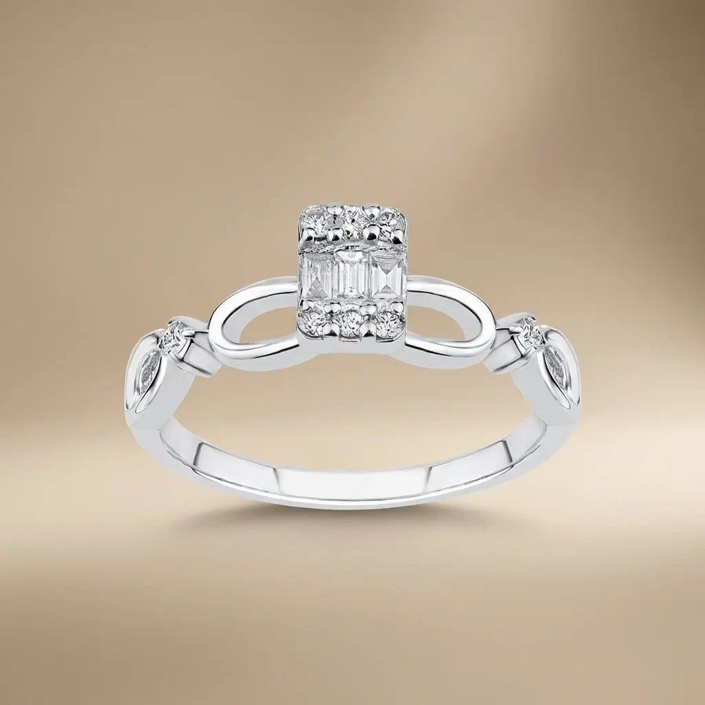 14ct/14K White Gold Natural Diamond Ring – Infinity Diamond with Baguette Center 0.1ct