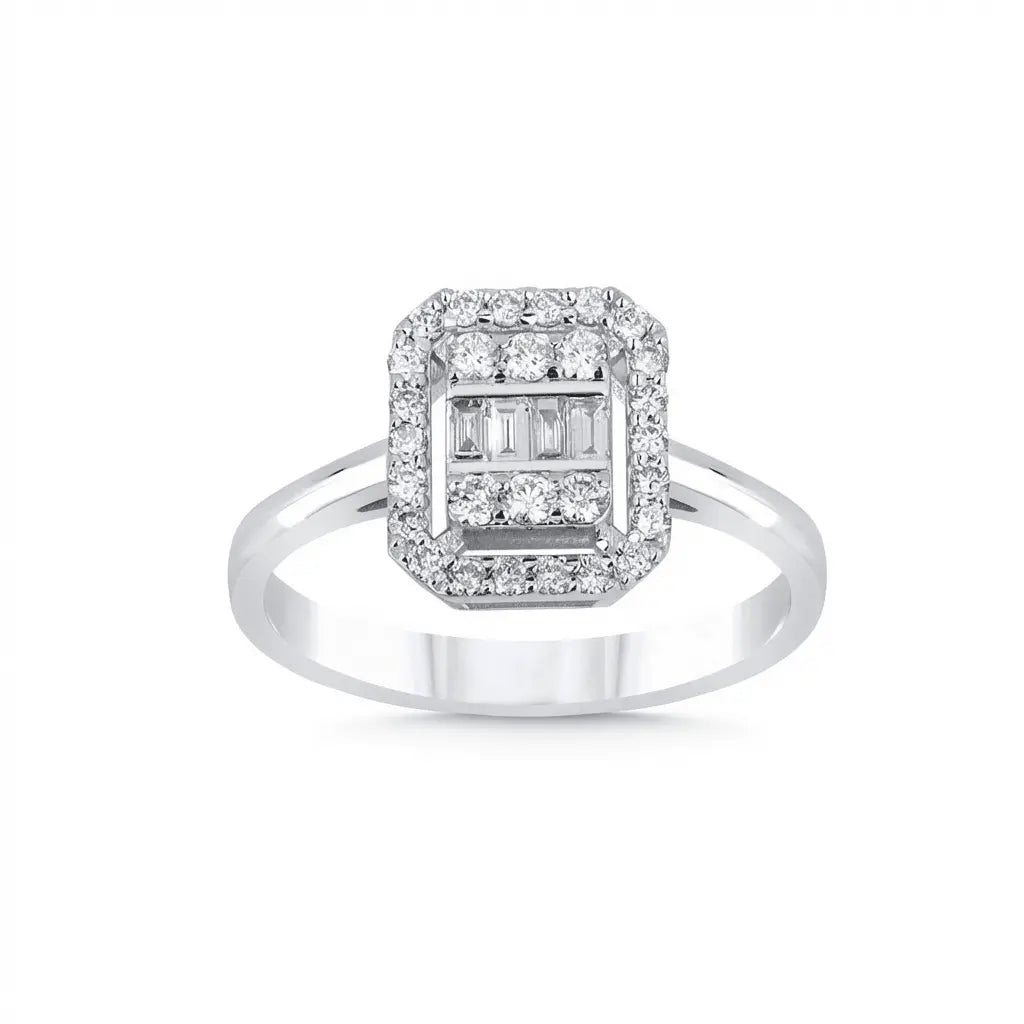 14ct/14K White Gold Natural Diamond Ring – Baguette Diamond Halo 0.39ct