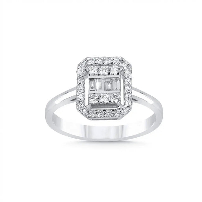 14ct/14K White Gold Natural Diamond Ring – Baguette Diamond Halo 0.39ct