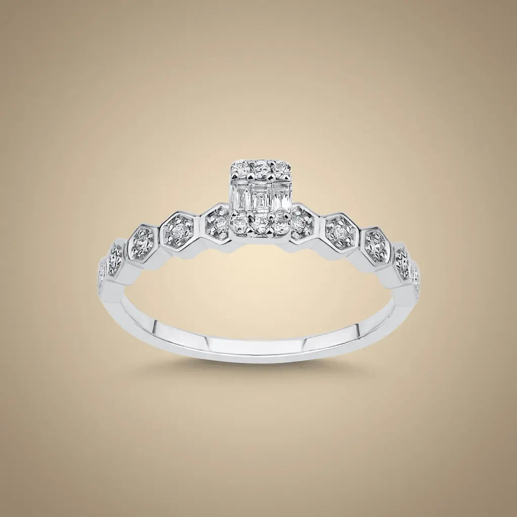 14K White Gold Natural Diamond Ring – Hexagon Diamond with Baguette Center 0.18ct