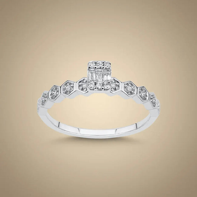 14K White Gold Natural Diamond Ring – Hexagon Diamond with Baguette Center 0.18ct