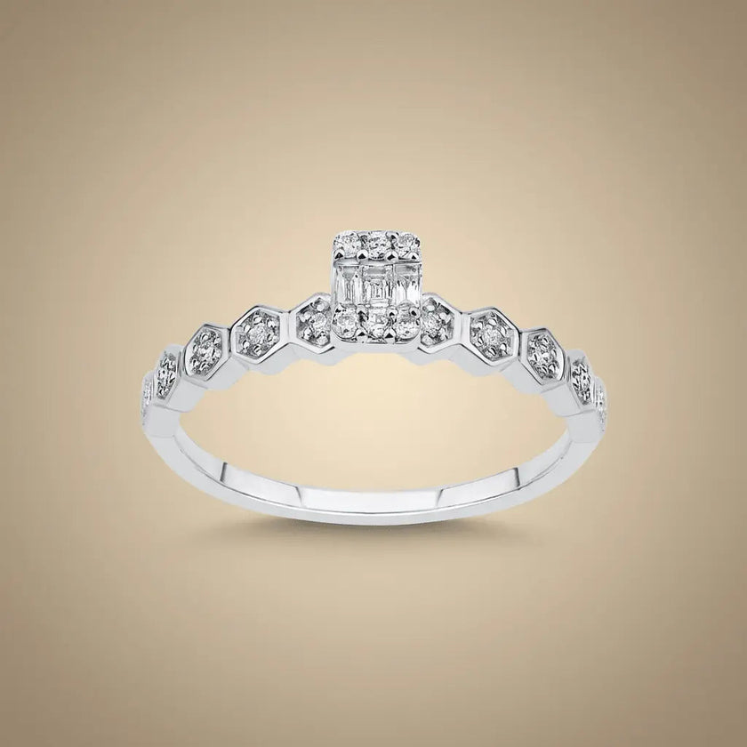 14K White Gold Natural Diamond Ring – Hexagon Diamond with Baguette Center 0.18ct