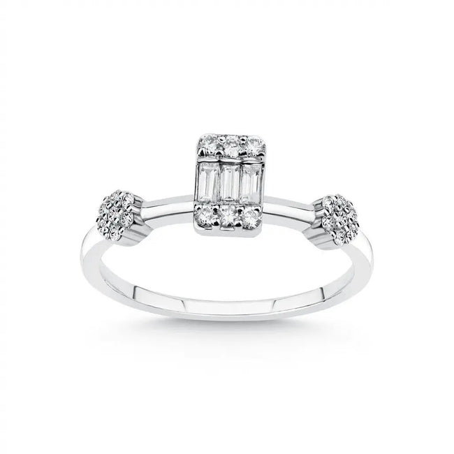 14ct/14K White Gold Natural Diamond Engagement Ring – Baguette Center Diamond with Cluster Accents