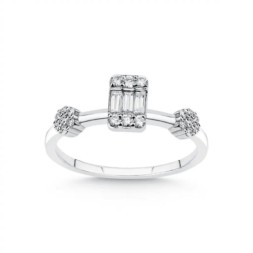 14ct/14K White Gold Natural Diamond Engagement Ring – Baguette Center Diamond with Cluster Accents