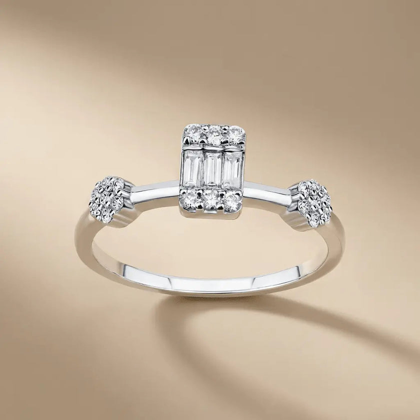 14ct/14K White Gold Natural Diamond Engagement Ring – Baguette Center Diamond with Cluster Accents