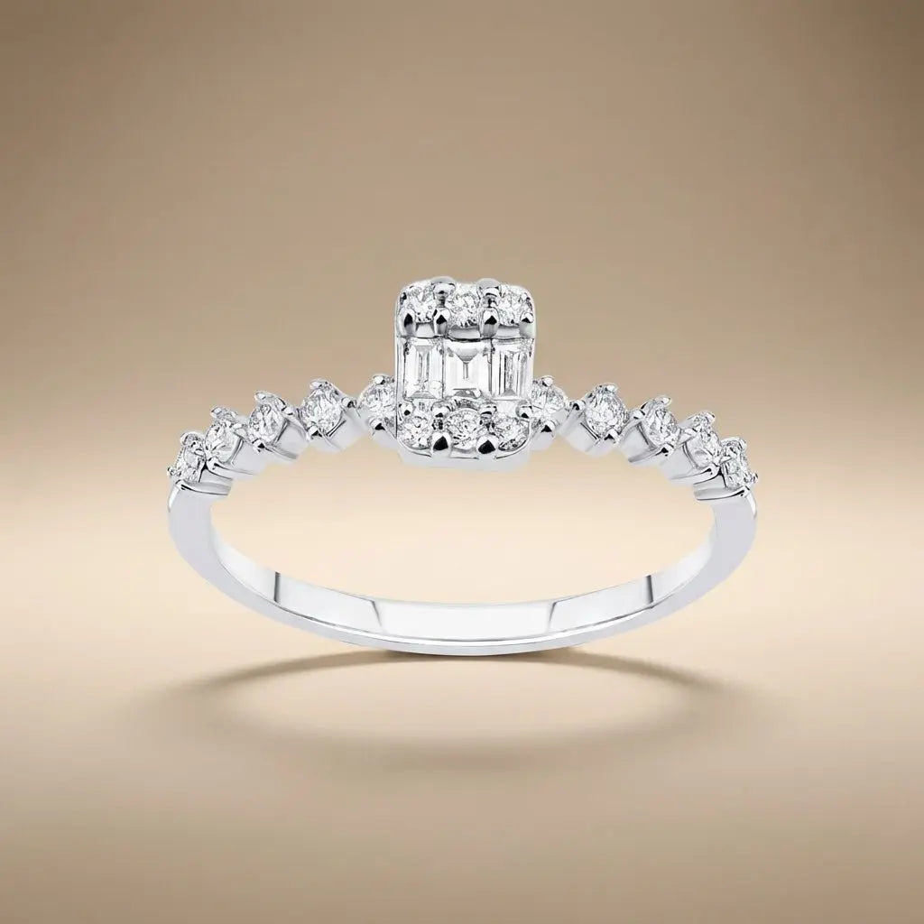14ct/14K White Gold Natural Diamond Ring – Baguette Diamond Cluster with Accented 0.34ct