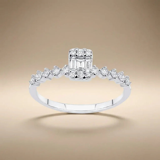 14ct/14K White Gold Natural Diamond Ring – Baguette Diamond Cluster with Accented 0.34ct