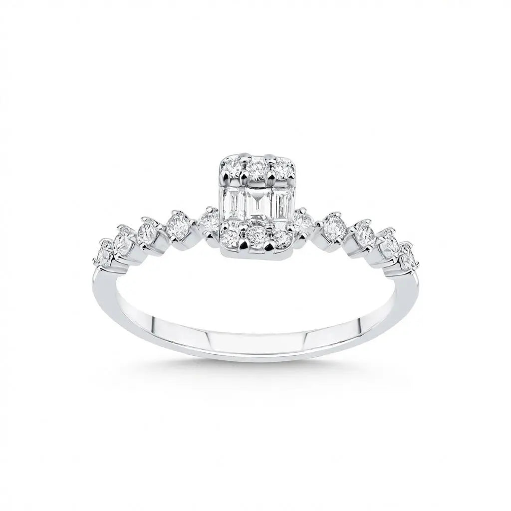 14ct/14K White Gold Natural Diamond Ring – Baguette Diamond Cluster with Accented 0.34ct
