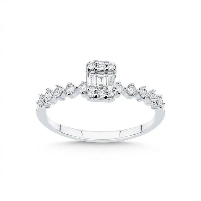 14ct/14K White Gold Natural Diamond Ring – Baguette Diamond Cluster with Accented 0.34ct