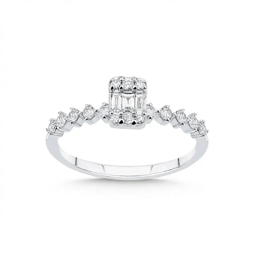 14ct/14K White Gold Natural Diamond Ring – Baguette Diamond Cluster with Accented 0.34ct