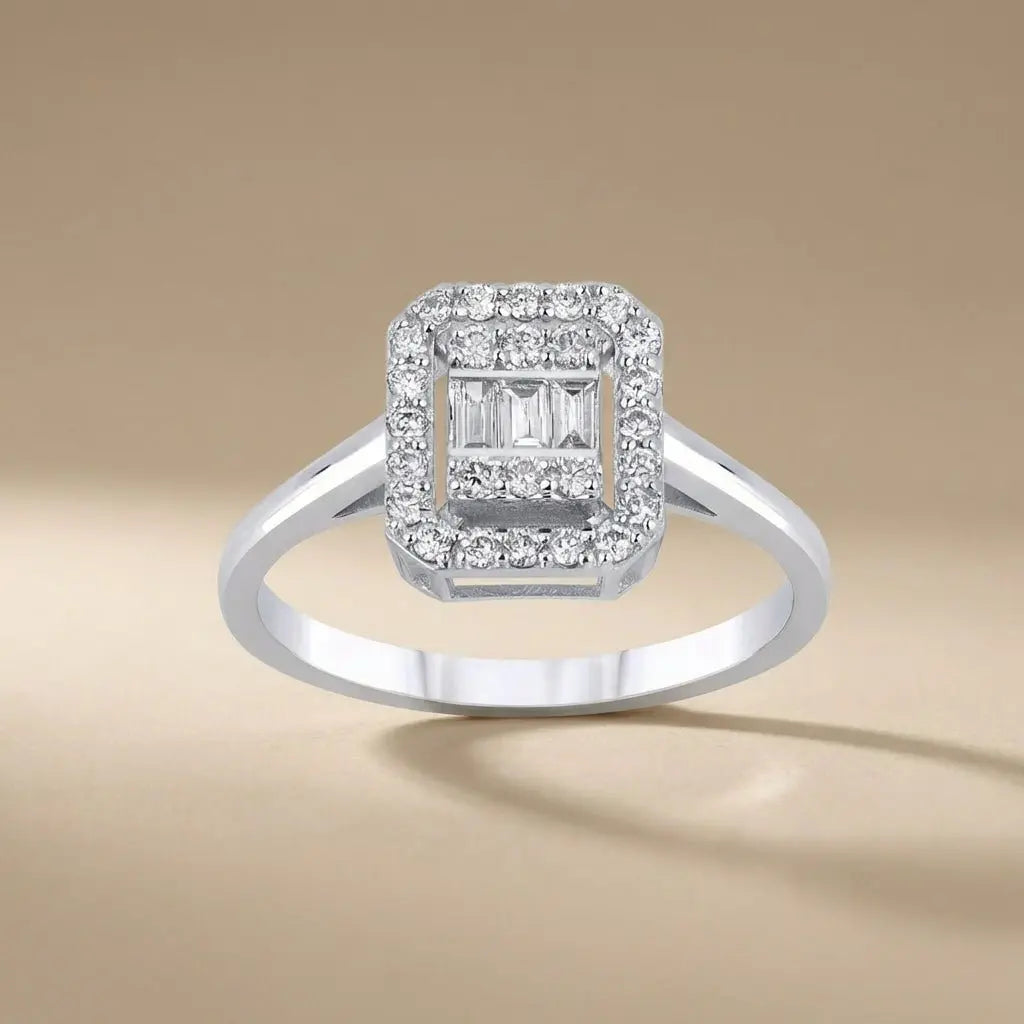 14ct/14K White Gold Natural Diamond Engagement Ring – Emerald Halo Baguette Diamond 0.29ct