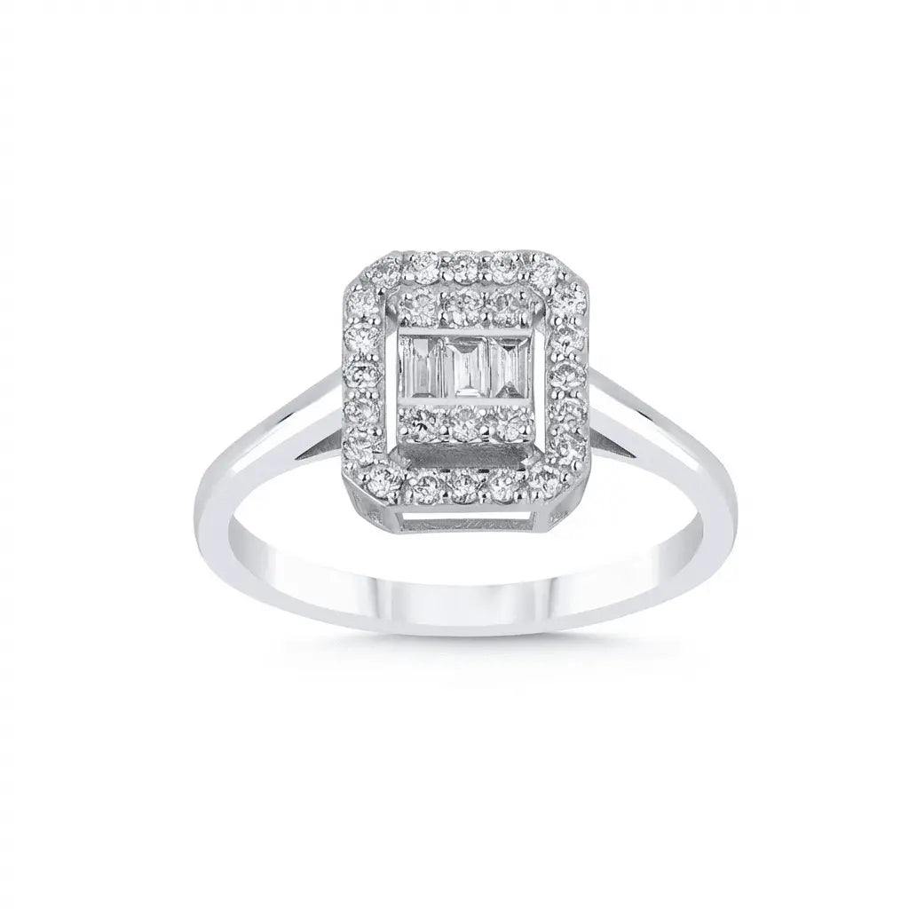 14ct/14K White Gold Natural Diamond Engagement Ring – Emerald Halo Baguette Diamond 0.29ct