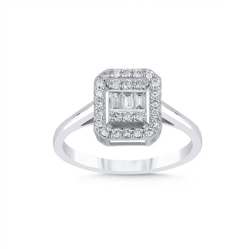 14ct/14K White Gold Natural Diamond Engagement Ring – Emerald Halo Baguette Diamond 0.29ct